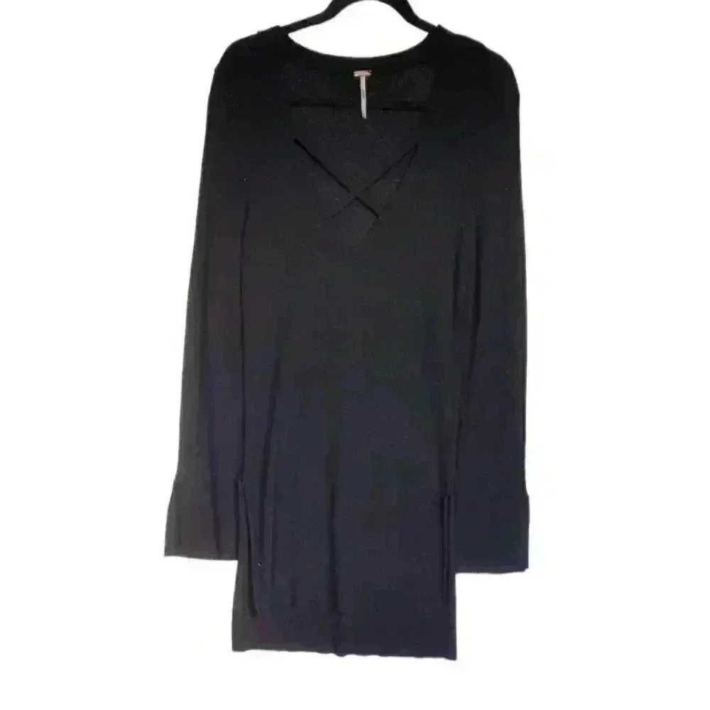 free People black Long Sleeve Crisscross Front dress Sz Medium